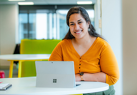 April Faitua in her Kāinga Ora office