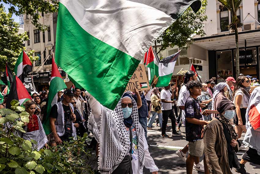 Auckland, New Zealand - JANUARY 07 2024: Manifestation pro Palestine freedom and stop war