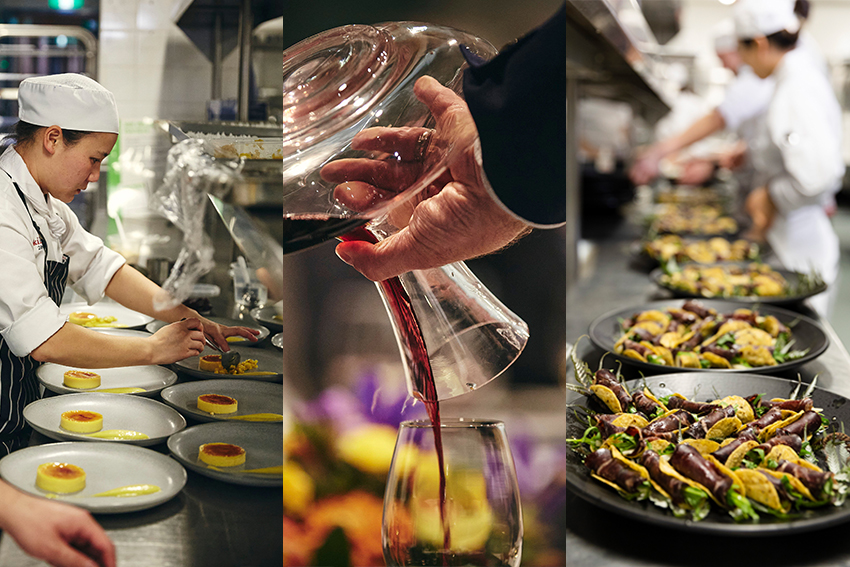 Three images of the AUT Winter Series, showing chefs and students making food and wine being poured.