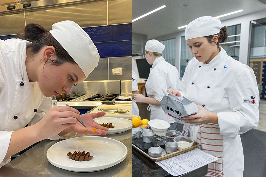 Two photos side by side that show Emily Morgan preparing dishes, dressed in he chef whites.