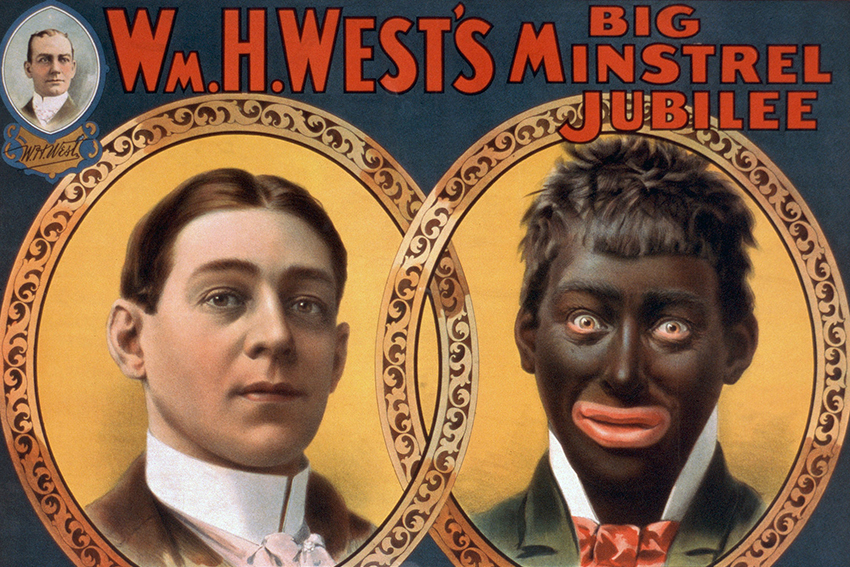 An historical advertisement for WMH West's Big Minstrel Jubilee, showing two faces - a professional looking white man and the other with comic blackface.