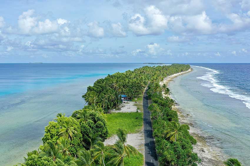 Aerial view of the island of Tuvalu located in the Pacific Ocean.